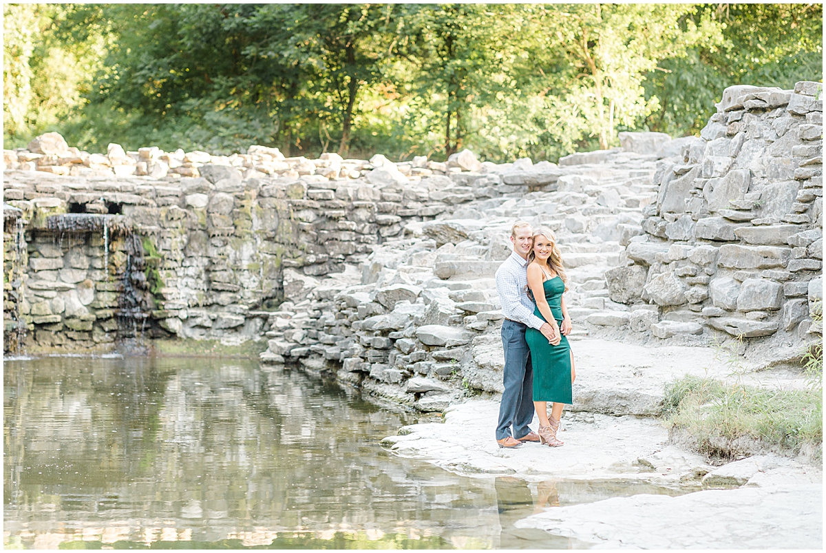 Prairie Creek Park Engagement Portraits | Green Dress waterfall creek
