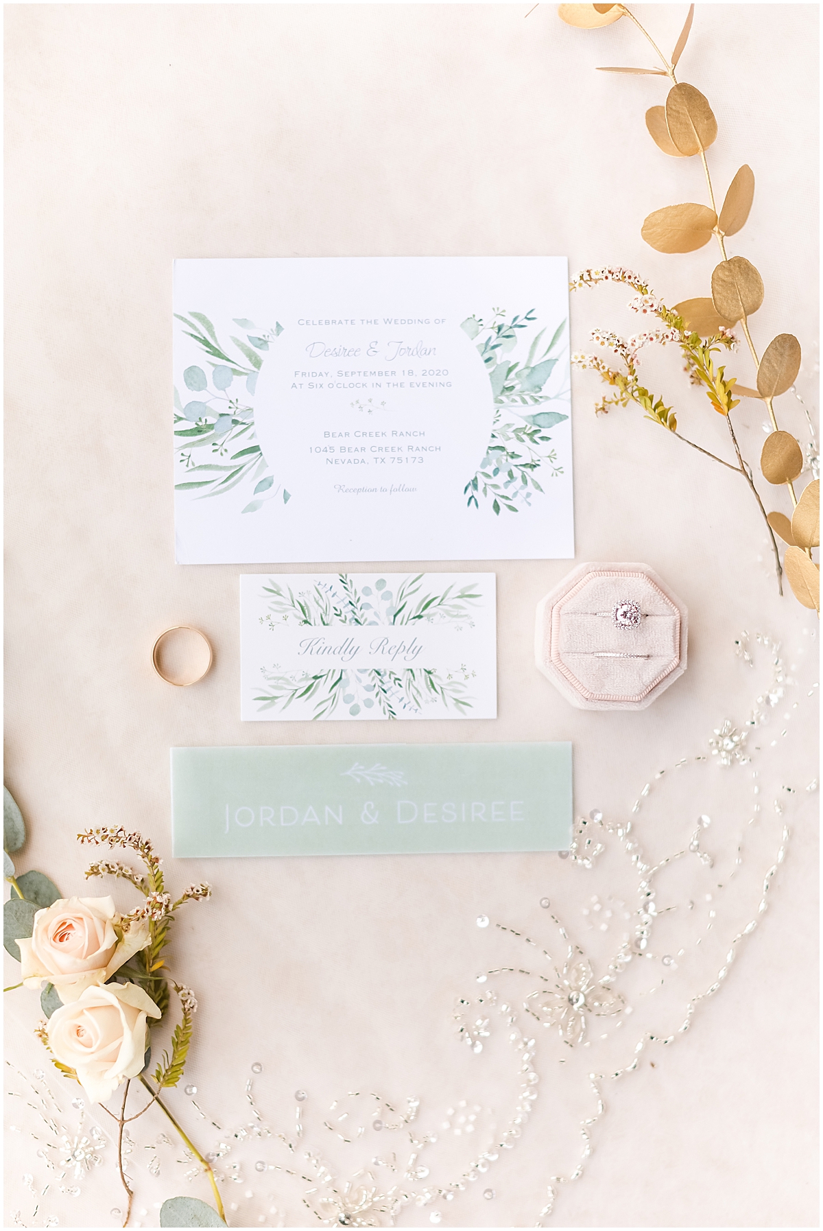 Wedding pastel green pastel ping gold invitation suite wedding details | Ranch Wedding by Mary Talamantes